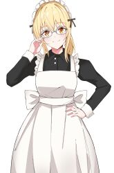 Rule 34 | 1girl, absurdres, adjusting eyewear, apron, bespectacled, black dress, blonde hair, closed mouth, collared dress, commentary, dress, glasses, grey-framed eyewear, hand on own hip, hand up, highres, long sleeves, looking at viewer, love live!, love live! nijigasaki high school idol club, maid, maid apron, maid headdress, miyashita ai, orange eyes, ponytail, qaqyes re, sidelocks, smile, solo, standing, upper body
