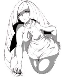 Rule 34 | 10s, 1girl, arm behind back, bare shoulders, breasts, collarbone, creatures (company), crystal, curvy, dress, game freak, greyscale, highres, holding, holding poke ball, leaning forward, long hair, looking at viewer, lusamine (pokemon), mature female, moisture (chichi), monochrome, nintendo, parted lips, poke ball, pokemon, pokemon sm, short dress, sleeveless, sleeveless dress, solo, very long hair, wide hips