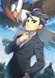 Rule 34 | 1boy, adjusting clothes, adjusting necktie, bird, black eyes, black hair, black jacket, black pants, buttons, closed mouth, cloud, collared shirt, commentary request, creatures (company), day, frown, game freak, gen 4 pokemon, hand up, highres, jacket, larry (pokemon), long sleeves, looking down, male focus, necktie, nintendo, outdoors, pants, pokemon, pokemon (creature), pokemon sv, shirt, short hair, sky, staraptor, zeroki (izuno)