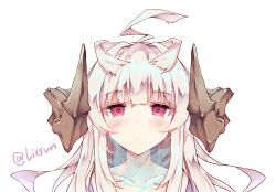 Rule 34 | 1girl, ahoge, bare shoulders, blush, close-up, commentary request, demon horns, head, highres, horns, litsvn, long hair, looking at viewer, original, pink eyes, pink hair, simple background, solo, twitter username, upper body, white background