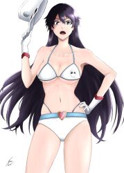 Rule 34 | 1girl, bambietta basterbine, bare shoulders, bikini, black eyes, black hair, bleach, bleach: sennen kessen-hen, breasts, cleavage, collarbone, commentary, cowboy shot, curvy, eyelashes, floating hair, gloves, hair between eyes, halterneck, hand on own hip, hand up, hat, highleg, highleg bikini, highres, large breasts, long hair, looking at viewer, midriff, military hat, navel, nemo3105, open mouth, peaked cap, shiny skin, signature, simple background, skindentation, solo, standing, stomach, straight-on, swimsuit, teeth, underboob, v-shaped eyebrows, very long hair, white background, white bikini, white gloves, white hat