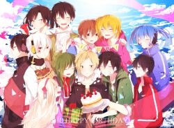Rule 34 | !, 5girls, 6+boys, :t, age difference, amamiya hibiya, apron, arrow (symbol), arrow print, bad id, bad pixiv id, birthday cake, birthday party, black eyes, black hair, black hoodie, black ribbon, black shirt, blonde hair, blue dress, blue hair, blue jacket, blue shirt, blue sky, blunt bangs, blush, box, brown eyes, brown hair, brown shirt, buckle, bunting, cake, cardigan, casual, character name, closed eyes, closed mouth, cloud, cloudy sky, collared shirt, commentary, cream, cross-laced clothes, dark konoha, dated, day, decorations, dot nose, drawing, drawstring, dress, eating, ene (kagerou project), english text, enomoto takane, facial mark, facing another, facing to the side, facing viewer, floral bow, food, framed, frilled apron, frills, fringe trim, fruit, gift, gift box, green cardigan, green hair, green jumpsuit, grey hoodie, hair between eyes, hair ornament, hair over one eye, hair ribbon, hair scrunchie, hairband, hairclip, happy, happy birthday, holding, holding food, hood, hood down, hoodie, jacket, jumpsuit, kagerou project, kano shuuya, kido tsubomi, kisaragi momo, kisaragi shintarou, kokonose haruka, konoha (kagerou project), kozakura marry, long bangs, long hair, long sleeves, looking at food, looking away, looking to the side, mekakucity actors, motakichi (souka 0605), multiple boys, multiple girls, neck warmer, one side up, open clothes, open jacket, open mouth, orange hair, parted lips, pink eyes, pink hairband, pink hoodie, pink ribbon, polka dot, popped collar, red hoodie, red jacket, red scarf, ribbon, scarf, school uniform, scrunchie, seto kousuke, shirt, short hair, short ponytail, short sleeves, side-by-side, side ponytail, sketch, sketchbook, skewer, sky, sleeveless, sleeveless hoodie, sleeves past elbows, sleeves rolled up, smile, strawberry, striped clothes, striped jacket, t-shirt, teeth, track jacket, triangle, twintails, two-tone hoodie, upper body, upper teeth only, wavy hair, white apron, white hair, white hoodie, white shirt, wide-eyed, yellow eyes, zipper, zipper pull tab