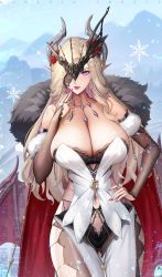Rule 34 | 1girl, blonde hair, blue eyes, blush, breasts, elbow gloves, genshin impact, gloves, highres, large breasts, mountain, signora (genshin impact), snow, snow mountain, snowflakes, solo