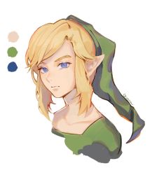Rule 34 | 1boy, clivenzu, closed mouth, color guide, cropped shoulders, green hat, green shirt, hat, highres, link, looking at viewer, male focus, nintendo, pointy ears, portrait, purple eyes, shirt, short hair, sidelocks, signature, simple background, solo, the legend of zelda, white background