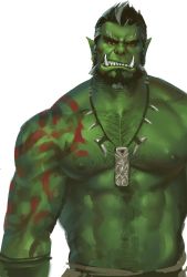 Rule 34 | 1boy, amulet, angry, bara, beard, bodypaint, chest hair, colored skin, facial hair, green skin, green skirt, highres, jewelry, male focus, manly, monster boy, multicolored hair, muscular, necklace, nipples, orc, pectorals, red eyes, scowl, topless male, short hair, simple background, skirt, solo, teeth, the elder scrolls, the elder scrolls v: skyrim, two-tone hair, very short hair, yy6242