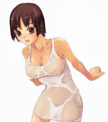 Rule 34 | 1girl, bad id, bad pixiv id, bare shoulders, breasts, brown eyes, brown hair, cleavage, large breasts, see-through, shirt, short hair, smile, solo, suoni (deeperocean), wet, wet clothes, wet shirt