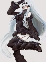 Rule 34 | 10s, 1girl, abyssal ship, aircraft carrier water oni, armor, armored boots, ass, bare shoulders, black dress, black footwear, black thighhighs, blush, boots, colored skin, detached sleeves, dress, hair ornament, high heel boots, high heels, ichi inaru, kantai collection, knee boots, leg up, long hair, long sleeves, mono2501, orange eyes, ribbed dress, sailor dress, short dress, silver background, simple background, solo, thighhighs, very long hair, white hair, white skin, zettai ryouiki