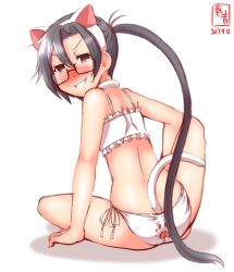 Rule 34 | 10s, 1girl, 2017, amagiri (kancolle), anal tail, ass, asymmetrical bangs, bell, between buttocks, blush, bra, butt plug, cat lingerie, choker, dated, fake tail, frilled bra, frills, from behind, glasses, grey eyes, grey hair, hair between eyes, highres, indian style, kanon (kurogane knights), kantai collection, logo, long hair, looking at viewer, looking back, meme attire, neck bell, panties, parted lips, paw print, ponytail, sex toy, side-tie panties, simple background, sitting, solo, tail, underwear, underwear only, very long hair, white background, white bra, white panties