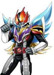 Rule 34 | 1boy, 666nao, belt, clenched hand, contrapposto, fujisawa naoyuki, hand on own hip, helmet, kamen rider, kamen rider den-o, kamen rider den-o (series), looking at viewer, male focus, red eyes, simple background, solo, standing, white background