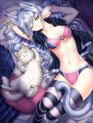 Rule 34 | 1girl, animal ears, arm behind head, bed sheet, bra, breasts, candy, cat, cat ears, cat tail, cleavage, food, from above, gigamessy, heart o-ring, heart ring top, long hair, lying, medium breasts, navel, on back, one eye closed, original, panties, pillow, pink bra, pink panties, silver hair, solo, striped clothes, striped thighhighs, tail, thighhighs, underboob, underwear, very long hair, wristband, yellow eyes