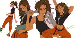 Rule 34 | 1girl, apex legends, barefoot, black shirt, brown eyes, brown hair, blowing bubbles, cat, character name, cropped shirt, dark-skinned female, dark skin, eyebrow cut, green nails, holding, holding tablet pc, holding wrench, iwamoto zerogo, looking down, midriff, mole, mole above mouth, multiple views, nail polish, navel, orange pants, pants, pen to mouth, rampart (apex legends), shirt, shoes, side ponytail, sneakers, tablet pc, walking, white background, wrench