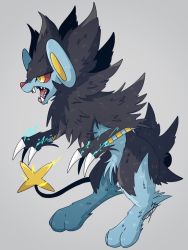 Rule 34 | bad id, bad twitter id, claws, colored sclera, commentary request, creatures (company), electricity, from side, full body, game freak, gen 4 pokemon, grey background, luxray, nintendo, no humans, open mouth, pokemon, pokemon (creature), red sclera, sharp teeth, signature, simple background, solo, teeth, toes, tongue, uru (ururu0731), yellow eyes