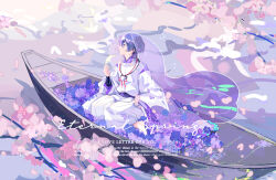 Rule 34 | 1boy, absurdres, boat, flower, genshin impact, highres, japanese clothes, long sleeves, male focus, pom pom (clothes), purple eyes, purple flower, purple hair, scaramouche (genshin impact), scaramouche (kabukimono) (genshin impact), shirt, short hair, sitting, solo, watercraft, wide sleeves