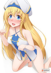 Rule 34 | 10s, 1girl, bare arms, bare legs, bare shoulders, barefoot, blonde hair, blue eyes, blush, breasts, dress, english text, goblin slayer!, hair between eyes, happy, hat, highres, kneeling, long hair, looking up, multicolored clothes, multicolored dress, multicolored hat, open mouth, patreon logo, patreon username, priestess (goblin slayer!), simple background, small breasts, solo, tongue, vahn yourdoom, white background