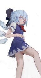 Rule 34 | 1girl, :|, bare legs, blue dress, blue eyes, blue hair, blush, bow, bowtie, cirno, closed mouth, dress, eyes visible through hair, from below, hair bow, hair ornament, highres, ice, ice wings, looking down, necktie, red bow, red bowtie, reddizen, shirt, sketch, tagme, thighs, touhou, upskirt, white background, white shirt, wings
