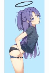 Rule 34 | 1girl, :o, absurdres, ass, black panties, black shirt, blue archive, blue buruma, blue eyes, blush, breasts, buruma, buruma pull, clothes pull, commentary, half updo, halo, highres, leaning forward, long hair, looking at viewer, looking to the side, ninoppu, official alternate costume, panties, pillarboxed, purple hair, shirt, simple background, small breasts, solo, two-tone background, underwear, very long hair, yuuka (blue archive), yuuka (track) (blue archive)