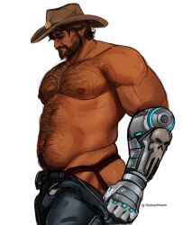 Rule 34 | 1boy, ass, ass peek, bara, beard, belly, black male underwear, brown hair, cassidy (overwatch), chest hair, clothes pull, cowboy hat, dark skin, facial hair, fat, fat man, from side, full beard, hairy, hat, highres, jockstrap, large pectorals, male focus, male underwear, mature male, muscular, muscular male, navel, navel hair, nipples, overwatch, overwatch 2, pants, pants pull, peachydaes2, pectorals, profile, short hair, solo, stomach, thick chest hair, thick eyebrows, thick navel hair, underwear, undressing