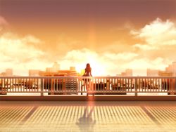 Rule 34 | 1girl, cityscape, cloud, game cg, majodou, railing, sano toshihide, scenery, silhouette, sky, skyline, solo, sunset