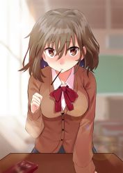 Rule 34 | 1girl, asuzemu, blush, bow, bowtie, breasts, brown eyes, brown hair, classroom, closed mouth, collared shirt, day, desk, food, hair between eyes, hand up, highres, indoors, light rays, long hair, looking at viewer, medium breasts, mouth hold, original, pocky, pocky day, pocky kiss, red bow, red bowtie, school, school desk, school uniform, shared food, shirt, sleeves past wrists, solo, standing, sunbeam, sunlight, tsurime, white shirt, wing collar