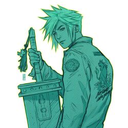 Rule 34 | 1boy, blonde hair, chocobo, cloud strife, earrings, final fantasy, final fantasy vii, green theme, holding, holding sword, holding weapon, jacket, jen bartel, jewelry, looking at viewer, male focus, monochrome, outline, red xiii, screentones, short hair, signature, simple background, spiked hair, sword, upper body, weapon, white background, yellow outline
