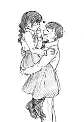 Rule 34 | 10s, 1boy, 1girl, atarime, bad id, bad twitter id, black hair, boots, braid, carrying, couple, closed eyes, freckles, greyscale, heart, hetero, highres, jumpsuit, jyushimatsu&#039;s girlfriend, long skirt, matsuno jyushimatsu, monochrome, osomatsu-kun, osomatsu-san, simple background, sketch, skirt, smile, white background