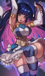 Rule 34 | absurdres, arm warmers, arms up, blue bow, blue eyes, blue hair, blunt bangs, bow, bracelet, breasts, choker, colored inner hair, corset, dress, feet out of frame, gold choker, gold trim, hair bow, hair lift, heart, highres, jewelry, large breasts, leg up, lips, long hair, multicolored hair, over-kneehighs, panty &amp; stocking with garterbelt, petticoat, pink hair, red lips, shiny clothes, shiny legwear, shiny skin, sidelocks, sleeveless, sleeveless dress, stocking (psg), striped clothes, striped thighhighs, suliavtuber, thighhighs, two-tone hair, white bow