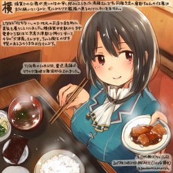 Rule 34 | 1girl, black hair, chopsticks, colored pencil (medium), commentary request, dated, holding, holding chopsticks, holding plate, kantai collection, kirisawa juuzou, large areolae, long sleeves, military, military uniform, no headwear, no headwear, numbered, plate, red eyes, rice, short hair, sitting, smile, solo, takao (kancolle), traditional media, translation request, twitter username, uniform