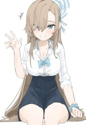 Rule 34 | +++, 1girl, ainkun, asuna (blue archive), blue archive, blue bow, blue bowtie, blue eyes, blue nails, blue scrunchie, blue skirt, blush, bow, bowtie, breasts, collared shirt, feet out of frame, grin, hair over one eye, hair ribbon, halo, high-waist skirt, highres, large breasts, light brown hair, long hair, looking at viewer, mole, mole on breast, official alternate costume, pleated skirt, ribbon, school uniform, scrunchie, shirt, shirt tucked in, simple background, skirt, sleeves rolled up, smile, solo, waving, white background, white shirt, wrist scrunchie