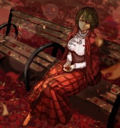 Rule 34 | 1girl, adapted costume, autumn, autumn leaves, bench, breasts, colored eyelashes, commentary request, falling leaves, female focus, green hair, highres, jacket, jacket on shoulders, jewelry, kazami yuuka, kikimifukuri, large breasts, leaf, light smile, long skirt, long sleeves, looking at viewer, necklace, park bench, plaid, plaid skirt, red eyes, red theme, ribbed sweater, sitting, skirt, solo, sweater, touhou