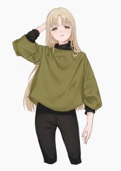 Rule 34 | 1girl, black pants, black sweater, blush, brown eyes, earrings, eyelashes, green shirt, grey background, hand on own head, highres, jewelry, light brown hair, long hair, long sleeves, looking at viewer, nao 0829 17, nijisanji, o-ring, pants, shirt, simple background, single earring, sister claire, solo, standing, sweater, turtleneck, virtual youtuber, white background