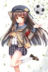 Rule 34 | 1girl, bag, bag charm, ball, black footwear, brown hair, charm (object), chitose (soccer spirits), hair ornament, hairclip, handbag, hat, highres, jacket, leaf, long hair, looking at viewer, mary janes, open mouth, plaid, plaid skirt, school uniform, serafuku, serin199, shoes, skirt, soccer ball, soccer spirits, socks, solo, standing, standing on one leg, transparent background, white socks