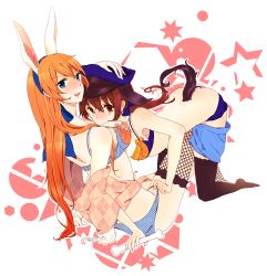 Rule 34 | 2girls, animal ears, bad id, bad pixiv id, bone, brown eyes, brown hair, charlotte e. yeager, fishnets, gertrud barkhorn, highres, lingerie, multiple girls, orange hair, rabbit ears, rabbit girl, rabbit tail, saki hajime, strike witches, tail, thighhighs, tsukisaki hito, underwear, world witches series, yuri