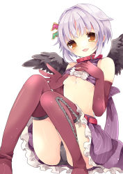 Rule 34 | 10s, 1girl, bare shoulders, black panties, black wings, breasts, cleavage cutout, clothing cutout, elbow gloves, gloves, hand on own chest, head tilt, heart, heart cutout, idolmaster, idolmaster cinderella girls, knees together feet apart, knees up, koshimizu sachiko, kosuzume, looking at viewer, medium breasts, open mouth, panties, pinstripe pattern, red gloves, short hair, simple background, solo, striped, thighhighs, underboob, underwear, white background, wings, yellow eyes