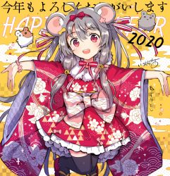 Rule 34 | 1girl, 2020, :d, animal ear fluff, animal ears, bell, black thighhighs, blush, bow, chinese zodiac, commentary request, floral print, flower, fur-trimmed kimono, fur trim, grey hair, hair bow, hair flower, hair ornament, happy new year, ichihaya, japanese clothes, jingle bell, kimono, long hair, long sleeves, looking at viewer, mouse ears, new year, obi, open mouth, original, pink flower, print kimono, red bow, red eyes, red footwear, red kimono, round teeth, sash, smile, solo, teeth, thighhighs, upper teeth only, very long hair, wide sleeves, year of the rat, yellow background, yellow bow
