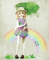 Rule 34 | 1girl, blonde hair, brown eyes, dress, female focus, frog, full body, hair ribbon, happy, hat, moriya suwako, nature, open mouth, outdoors, plant, poncho (poncho), rainbow, ribbon, shoes, sky, smile, solo, thighhighs, touhou, white thighhighs, zettai ryouiki