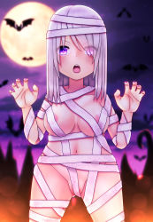 Rule 34 | 1girl, animal, areola slip, bandages, bat (animal), blurry, blurry background, breasts, cloud, convenient censoring, costume, eyes visible through hair, fang, hair over one eye, halloween, halloween costume, highres, hiron, large breasts, long hair, looking at viewer, moon, mummy, mummy costume, nail polish, naked bandage, navel, night, open mouth, original, partially visible vulva, pink eyes, pink nails, purple hair, sky, solo, solo focus, standing