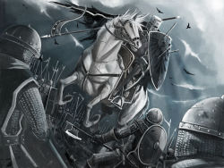 Rule 34 | armor, arrow (projectile), axe, battle, bird, cape, cloud, dark, dark sky, fantasy, helmet, holding, horse, jumping, medieval, polearm, riding, shield, spear, weapon, yana yana