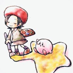 Rule 34 | 1girl, 1other, adeleine, black hair, blush, chibi, closed eyes, closed mouth, colored skin, green shirt, grey skin, highres, hisashicomv789, kirby, kirby (series), kirby 64, nintendo, paintbrush, palette (object), red headwear, shirt, short hair, simple background, smile, star (symbol)