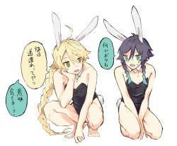 Rule 34 | 2boys, aether (genshin impact), ahoge, animal ears, arm between legs, bare shoulders, barefoot, black hair, blonde hair, blue hair, braid, braided ponytail, detached collar, fake animal ears, fake tail, genshin impact, gradient hair, green eyes, hair between eyes, hair ornament, leotard, long hair, looking at another, male focus, male playboy bunny, mamt56, multicolored hair, multiple boys, open mouth, playboy bunny, ponytail, rabbit ears, rabbit tail, simple background, speech bubble, squatting, sweat, tail, translation request, trap, twin braids, venti (genshin impact), white background, yellow eyes