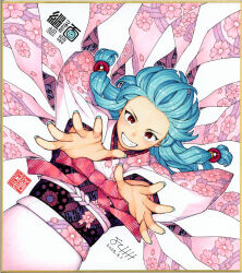 Rule 34 | 1girl, beads, blue hair, blue nails, character name, cherry blossom print, commentary request, dated, floral print, forehead, foreshortening, grin, hair beads, hair ornament, hamada yoshikazu, highres, japanese clothes, kimono, kiriha (tsugumomo), long hair, long sleeves, looking at viewer, nail polish, obi, official art, outstretched arms, print kimono, red eyes, sash, shikishi, signature, simple background, smile, solo, teeth, traditional media, tsugumomo, white background, wide sleeves