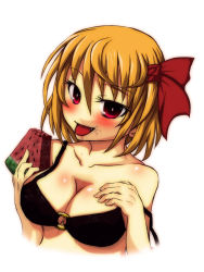 Rule 34 | 1girl, aged up, bad id, bad pixiv id, bikini, black bikini, blonde hair, blush, breasts, doyouwantto, fang, female focus, food, fruit, hair ribbon, hand on own chest, highres, large breasts, o-ring, o-ring bikini, o-ring top, off shoulder, red eyes, ribbon, rumia, short hair, solo, swimsuit, tongue, tongue out, touhou, upper body, watermelon, white background