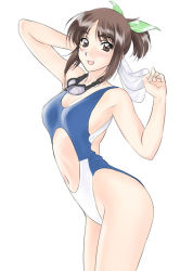 Rule 34 | 1990s (style), 1girl, arched back, breasts, brown eyes, brown hair, casual one-piece swimsuit, cleavage, clothing cutout, cowboy shot, goggles, goggles around neck, highleg, highleg swimsuit, morii kaho, navel cutout, one-piece swimsuit, polorinken, ponytail, retro artstyle, sentimental graffiti, short hair, simple background, swimsuit, towel, white background