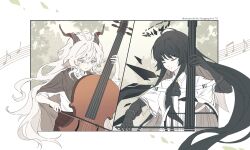 Rule 34 | 1boy, 1girl, ahoge, arknights, beamed eighth notes, black gloves, black hair, closed eyes, closed mouth, collared shirt, eighth note, gloves, hair between eyes, halo, highres, holding, holding instrument, horns, instrument, instrument request, jacket, kreide (arknights), layered sleeves, long hair, long sleeves, musical note, off-shoulder jacket, off shoulder, purple eyes, quarter note, rio (rio773), shirt, short over long sleeves, short sleeves, smile, very long hair, virtuosa (arknights), white hair, white jacket, white shirt, wide sleeves