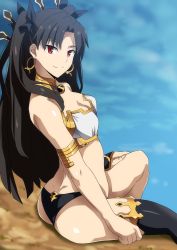 Rule 34 | 1girl, armlet, ass, asymmetrical legwear, asymmetrical sleeves, bare shoulders, bikini, black bikini, black hair, blush, breasts, bridal gauntlets, cleavage, closed mouth, detached sleeves, earrings, fate/grand order, fate (series), hara (harayutaka), highres, hoop earrings, ishtar (fate), jewelry, long hair, looking at viewer, mismatched bikini, neck ring, parted bangs, red eyes, single detached sleeve, sitting, small breasts, smile, solo, swimsuit, thighs, tiara, two side up, uneven legwear, uneven sleeves, white bikini