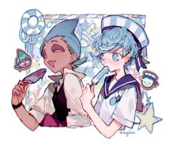 Rule 34 | 2others, blue eyes, blue hair, blue sailor collar, cookie run, dark-skinned male, dark skin, fins, fish, food, hand up, hat, head fins, holding, holding food, holding popsicle, humanization, innertube, long sleeves, looking at another, multiple others, peppermint cookie, popsicle, sailor collar, sapphire (nine), shell, shirt, simple background, sorbet shark cookie, starfish, swim ring, upper body, white background, white hat, white shirt, wristband