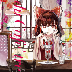 Rule 34 | 1girl, brown hair, chair, cherry, cover, cream, cup, curtains, dessert, detached sleeves, drinking glass, eating, floral print, food, fruit, glass, hair ornament, hair ribbon, hair tubes, hakurei reimu, hand on own face, japanese clothes, lamp, long sleeves, looking at viewer, miko, organ derwald, plate, red eyes, ribbon, shirt, short hair, solo, strawberry, table, text focus, touhou, water, wide sleeves, window