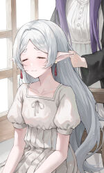 Rule 34 | 2girls, absurdres, black robe, chair, closed eyes, closed mouth, commentary, dangle earrings, dress, drop earrings, earrings, elf, felicia8, fern (sousou no frieren), frieren, grey hair, hand in another&#039;s hair, highres, indoors, jewelry, long hair, multiple girls, pointy ears, puffy short sleeves, puffy sleeves, purple hair, robe, short sleeves, sitting, sousou no frieren, white dress, window, wooden chair