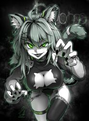 Rule 34 | 1girl, aqua hair, black lips, black nails, breasts, claws, cleavage, cleavage cutout, clothing cutout, commission, ear piercing, ebiblue, fangs, garter straps, gesugao, green eyes, greyscale, highres, large breasts, leotard, messy hair, momo (vtuber), monochrome, original, paw pose, piercing, single thighhigh, skeb commission, slit pupils, smile, solo, spot color, tail, thick eyebrows, thighhighs, virtual youtuber