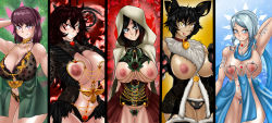 Rule 34 | 5girls, an ren, animal ears, bell, blue eyes, blue hair, breastless clothes, breasts, breasts out, cat ears, chain, collar, curvy, functionally nude, grey eyes, highres, jewelry, kali belladonna, large areolae, large breasts, lingerie, looking at viewer, mature female, multiple girls, open clothes, purple eyes, pussy, raven branwen, red eyes, rooster teeth, roosterteeth, rwby, see-through, suicidetoto, summer rose, thick thighs, thighs, topless, uncensored, underwear, willow schnee, yellow eyes