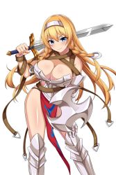 Rule 34 | 1girl, armor, belt, bikini armor, blonde hair, blue eyes, blush, braid, breasts, cleavage, closed mouth, gauntlets, greaves, hair ornament, headband, headgear, holding, holding sword, holding weapon, large breasts, leina (queen&#039;s blade), leina (queen&#039;s blade unlimited), loincloth, long hair, looking at viewer, official art, pelvic curtain, queen&#039;s blade, queen&#039;s blade unlimited, queen&#039;s blade white triangle, revealing clothes, shield, side braids, sidelocks, single gauntlet, smile, solo, sword, weapon, white background